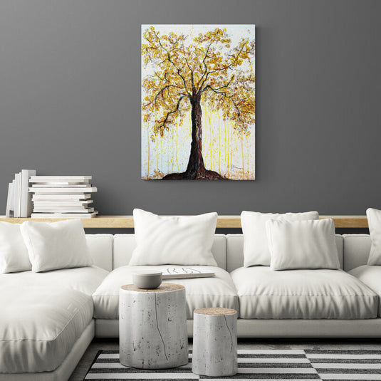 Cuadro_decorativo_árbol_tronco_café_ramas_delgadas_hojas_amarillas_doradas_fondo_blanco_toques_amarillos