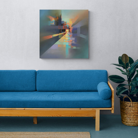 Cuadro abstracto geométrico en tonos suaves con perspectiva urbana