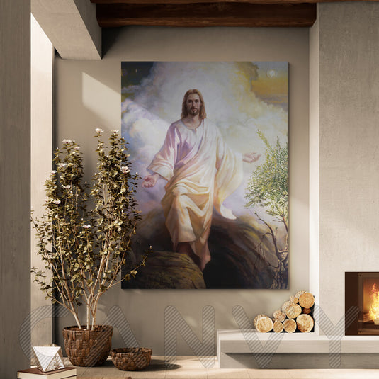 Jesús resucitado emergiendo en un amanecer celestial