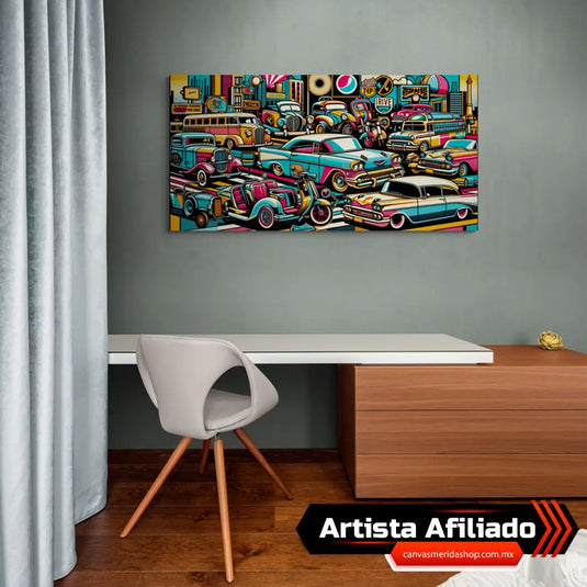 Tributo al estilo retro de los años 50 con vehículos clásicos y decoración urbana en arte pop