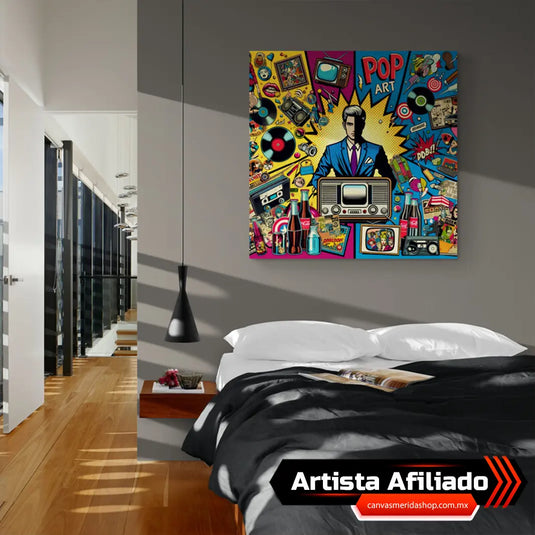 : Cuadro-decorativo-estilo-Pop-Art-con-iconos-culturales-del-siglo-XX-hombre-elegante-vinilos-y-productos-retro
