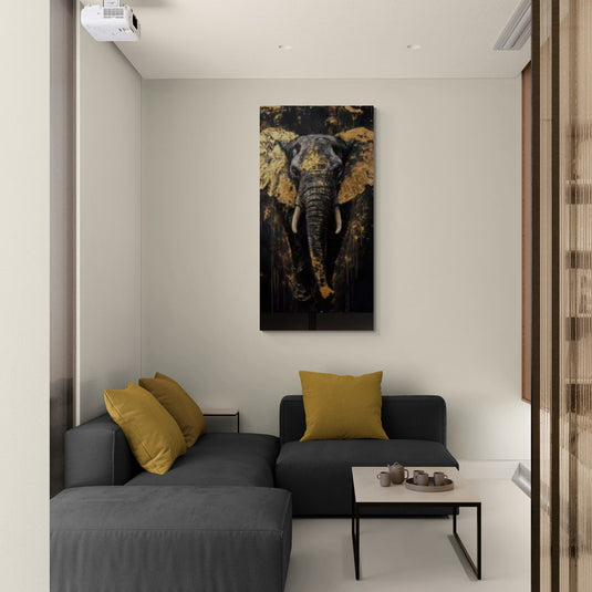 Cuadro decorativo de elefante dorado – Arte moderno en tonos oscuros y dorados para sala elegante o decoración africana contemporánea.