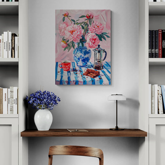 Lienzo de naturaleza muerta con peonías, café y chocolate en tonos pastel