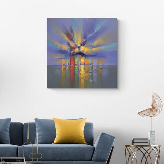 Cuadro abstracto con rayos de luz y reflejos en tonos vibrantes