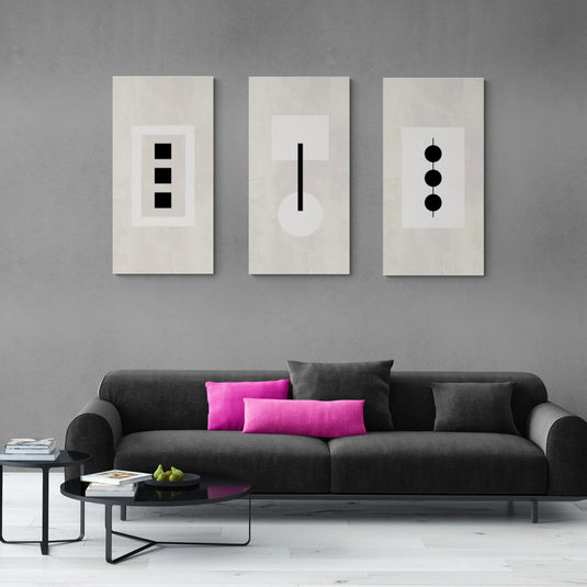 Tríptico abstracto geométrico cuadrados círculos minimalista