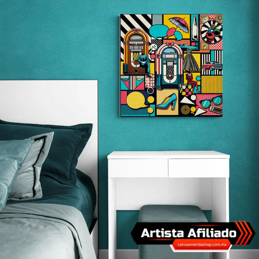 Ilustración estilo Pop Art con elementos retro como máquinas de discos, vestimenta de los años 50, automóvil clásico y accesorios vintage sobre fondo de patrones geométricos