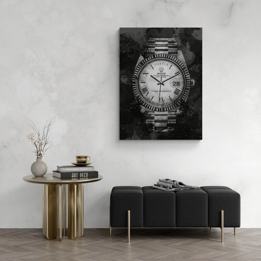 Reloj de lujo en blanco y negro con frase Time is Money