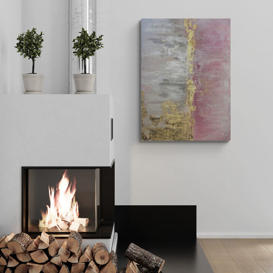 Cuadro abstracto en tonos gris, rosa y dorado con textura