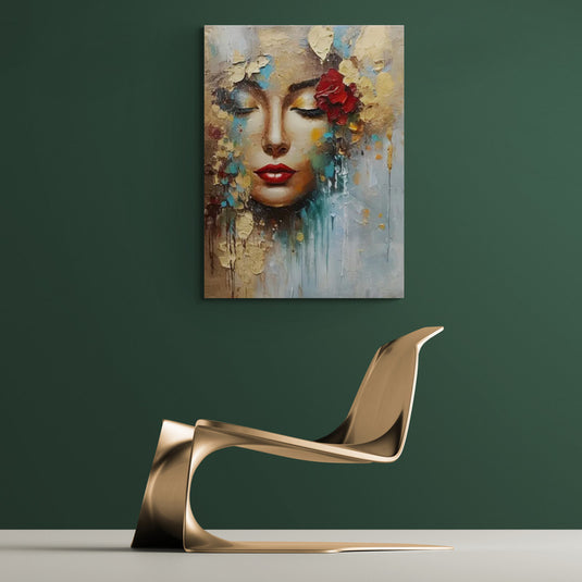 Pintura moderna de rostro femenino con labios rojos rodeado de flores y texturas abstractas en colores dorados, beige y rojos.