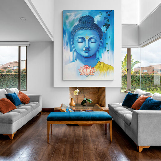 Rostro sereno de Buda en azul con flor de loto y hojas de higuera.