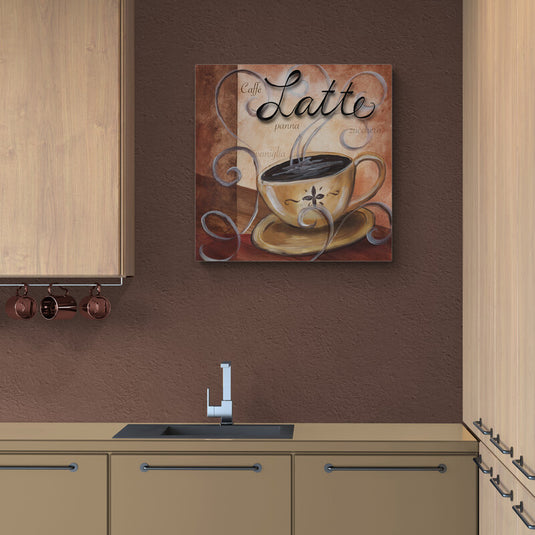 Ilustración artística de una taza de café latte con diseño floral, fondo en tonos cálidos con palabras italianas como "vaniglia" y "zucchero", ideal para decoración estilo vintage en cocina o cafetería.