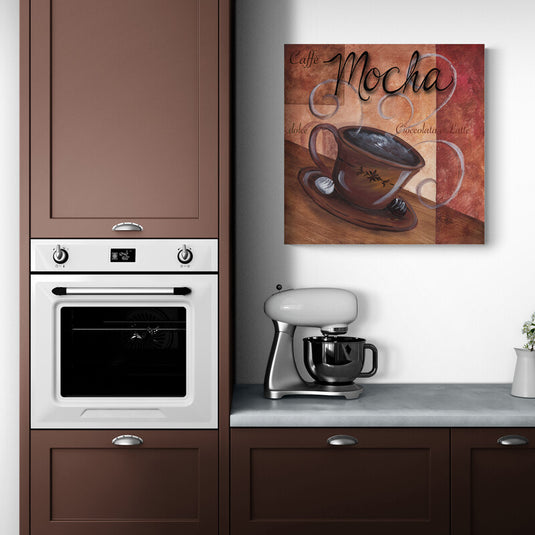 Ilustración artística de una taza de café mocha con bombones, fondo en tonos cálidos y palabras italianas decorativas como "Cioccolata e Latte", estilo vintage para decoración de cocina o cafetería.