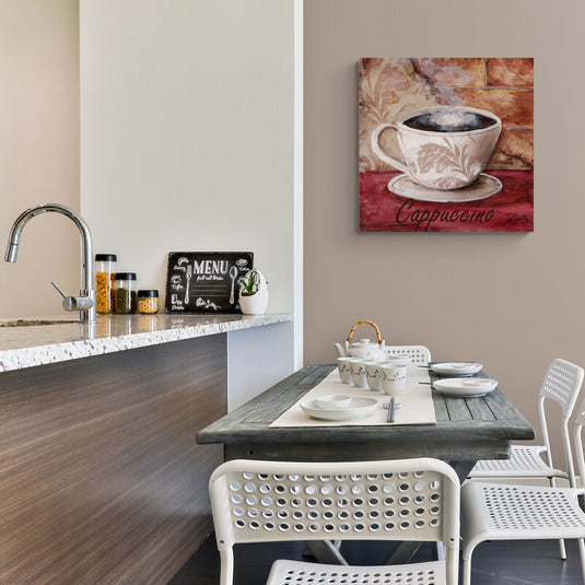 Pintura artística de una taza de cappuccino con diseño floral, sobre fondo de ladrillo y mesa roja, estilo vintage ideal para decoración de cocina o cafetería.