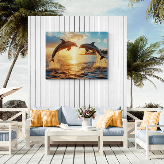 Cuadro decorativo de delfines saltando al atardecer sobre el mar en terraza tropical
