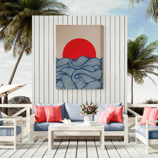 Cuadro decorativo de atardecer tropical con sol rojo y olas azules, estilo minimalista.
