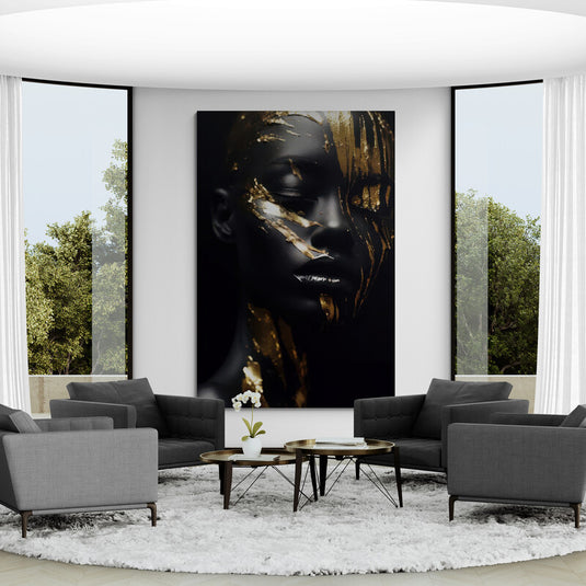 Cuadro decorativo arte negro dorado – retrato abstracto de mujer con detalles dorados sobre fondo oscuro, ideal para salas modernas y espacios elegantes