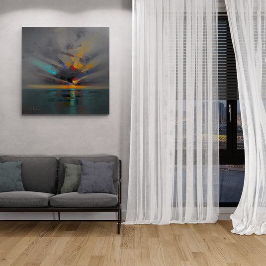 Cuadro abstracto con formas geométricas y explosión de luz sobre agua