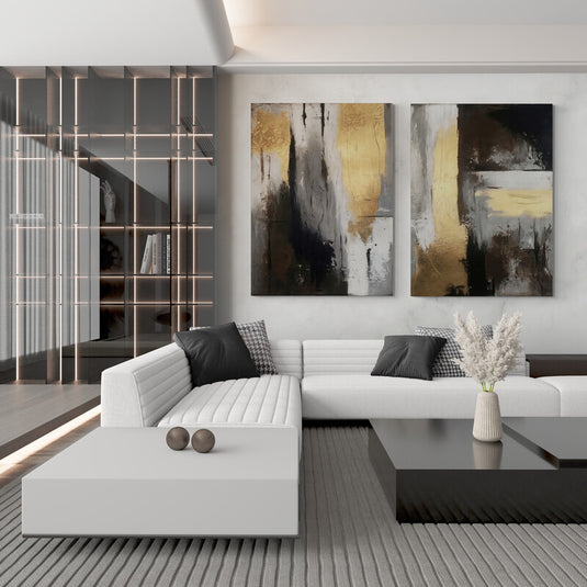 Pintura abstracta con oro y negro en lienzo doble