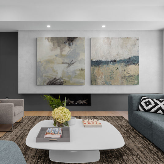 set de cuadros decorativos abstractos  de color grises, arena, azul