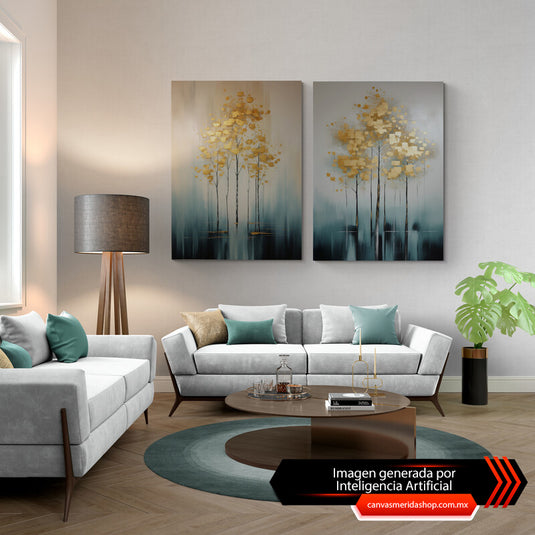 Set de cuadros decorativos con fondo en tonos grises, azules y negros, destacando árboles abstractos minimalistas en dorado