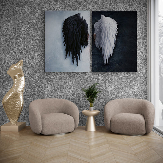Set de Cuadros Decorativos de Contraste - Ala de Ángel Negra sobre Fondo Claro y Ala de Ángel Blanca sobre Fondo Negro