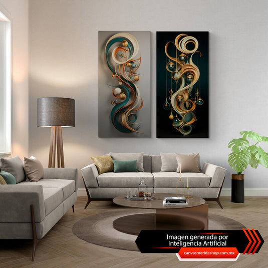 Set de Cuadros Abstractos con Esferas Flotantes y Líneas Curvas en Beige, Turquesa, Amarillo y Naranja: Contraste entre Fondo Claro y Oscuro para Decoración Moderna