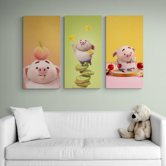 Decoración infantil con cerditos animados y frutas en ilustraciones coloridas – set de cuadros decorativos para cuarto de niños