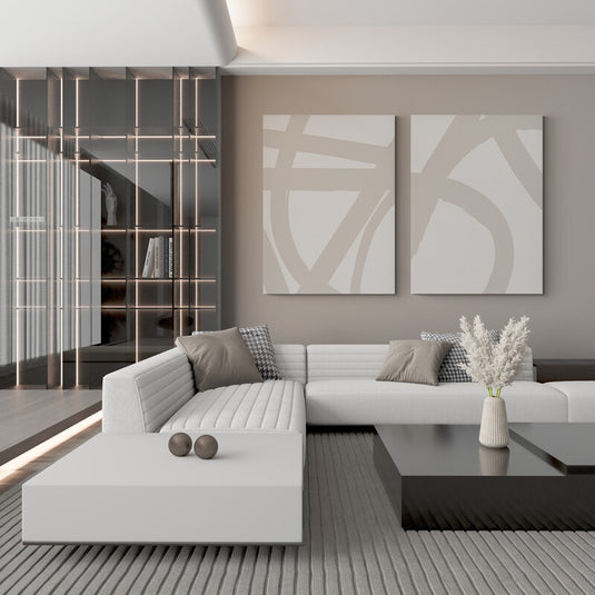 Set de Cuadros Decorativos Minimalistas - Fondo Beige con Líneas Fluidas en Beige Más Fuerte