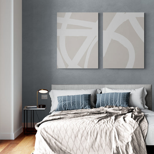 Set de Cuadros Decorativos Minimalistas - Fondo Beige con Líneas Fluidas Blancas