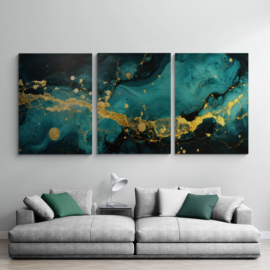 Tríptico abstracto con azules y vetas doradas