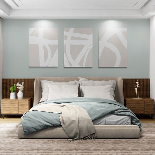 Conjunto Minimalista de Cuadros Decorativos - Fondo Beige y Líneas Fluidas Blancas