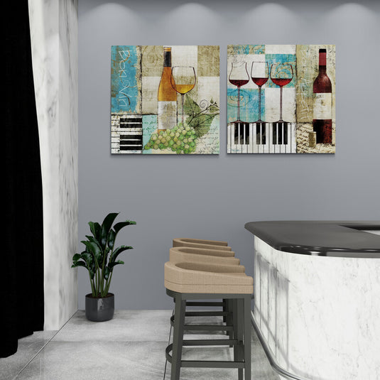Cuadro decorativo estilo vintage con copas de vino, botellas y teclas de piano sobre fondo artístico con texto Bon Appétit