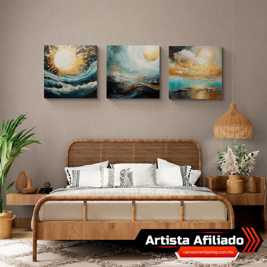 Set de Cuadros Decorativos Abstractos - Soles Amarillos y Olas en Tonalidades Oscuras de Azul, Negro y Blanco - Arte Moderno y Misterioso