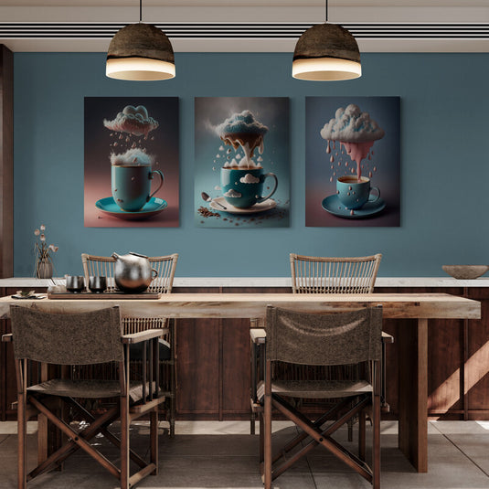 Tazas de café surrealistas con nubes y gotas de caramelo suspendidas, arte decorativo en tonos azul pastel y crema.