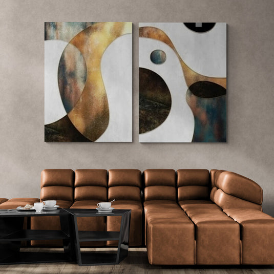 Díptico abstracto con formas curvas en tonos terrosos y azules