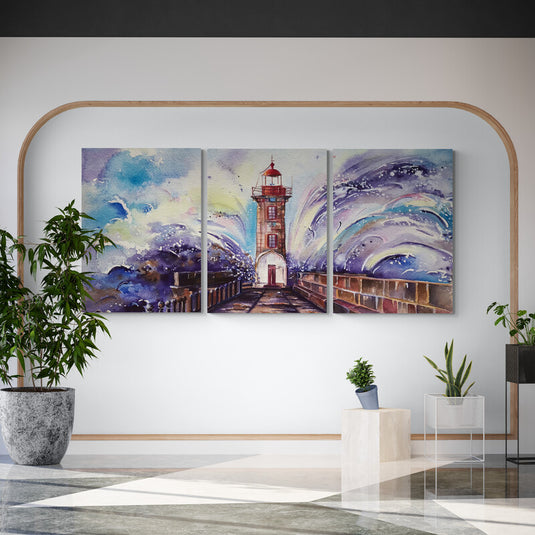 Tríptico acuarela de faro con olas tormentosas