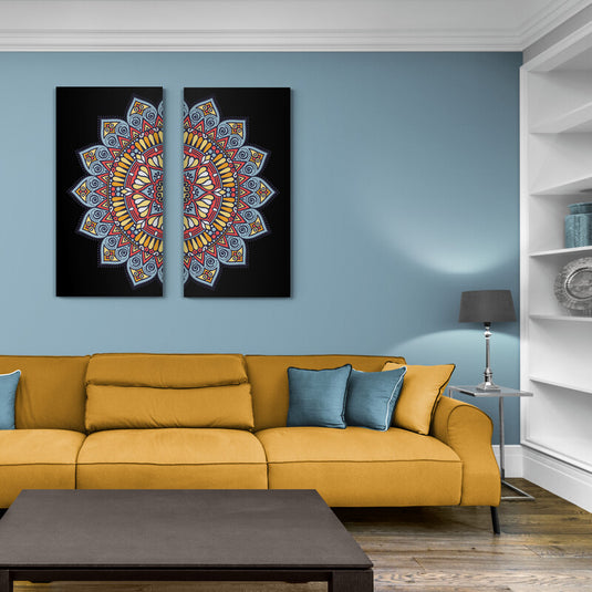 Cuadros decorativos con mandalas en fondo negro formando una mandala completa