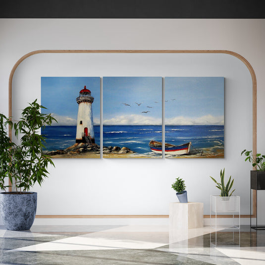 Tríptico de faro y barca en mar tranquilo