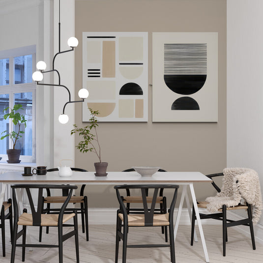 Set de Cuadros Decorativos: Composición Minimalista de Figuras y Líneas Negras con Elementos Rectangulares en Beige Claro y Amarillo Pastel