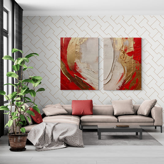 Cuadro decorativo abstracto de textura en tonos rojo, dorado y beige con pinceladas intensas y relieves en óleo.