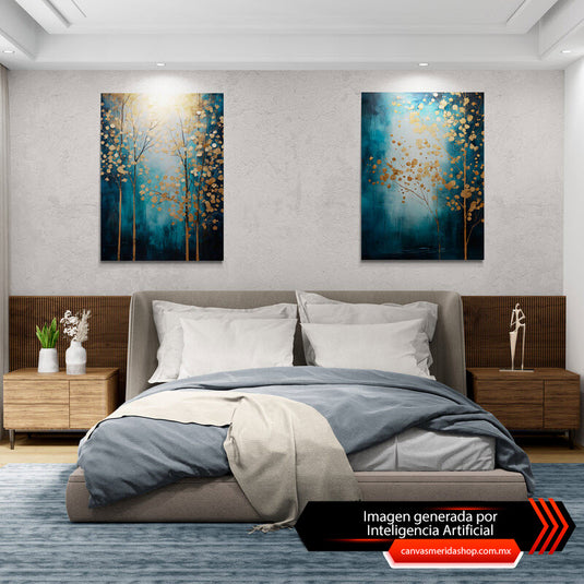 Set de Cuadros Decorativos con Fondo Azul y Detalles en Negro, Representando Árboles Sutiles y Delgados - Arte Minimalista y Moderno para Decoración