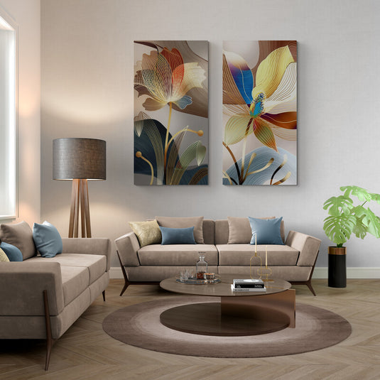 Set de dos piezas de arte floral minimalista con pétalos abiertos y líneas audaces en colores vibrantes