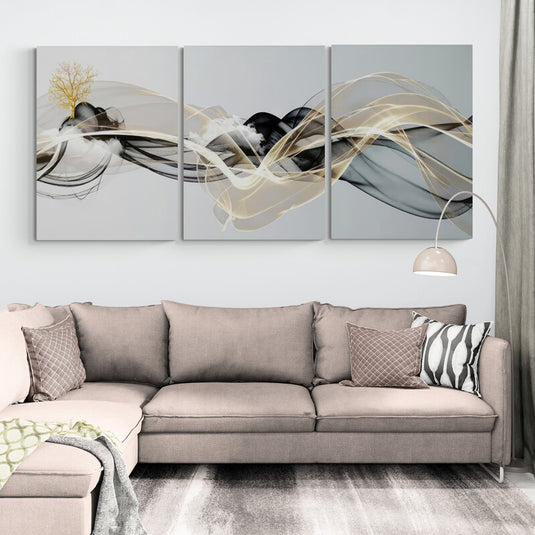 Tríptico abstracto moderno con líneas doradas y formas fluidas para decoración de interiores