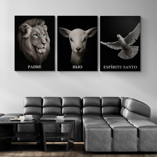 Tríptico con león, cordero y paloma representando la Trinidad