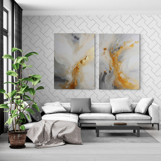 Díptico abstracto en amarillo y gris con formas orgánicas