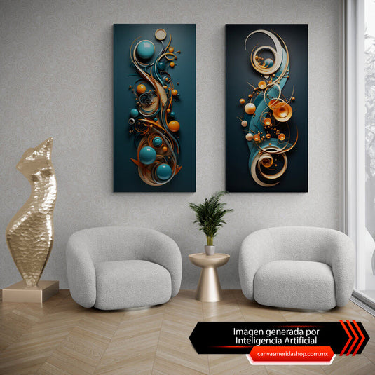 Set de Cuadros Decorativos Abstractos: Esferas Naranjas y Azules sobre Fondos Oscuros con Líneas Curvas en Azul y Beige para Ambiente Contemporáneo y Elegante