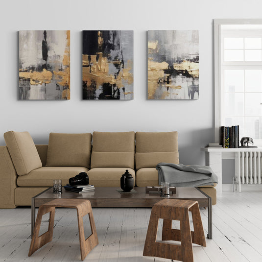 Cuadro moderno con diseño abstracto en tonos neutros y dorado.