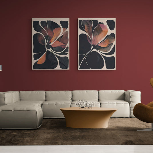 Dos paneles con flores abstractas en colores de atardecer.