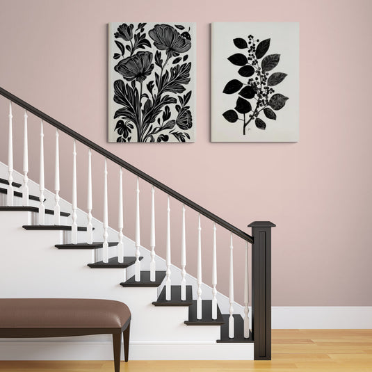 Díptico de cuadros decorativos florales en blanco y negro, estilo minimalista