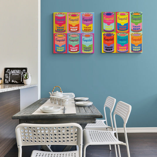 Cuadro decorativo estilo pop art con latas de sopa Campbell's multicolores inspirado en Andy Warhol para decoración moderna y vibrante